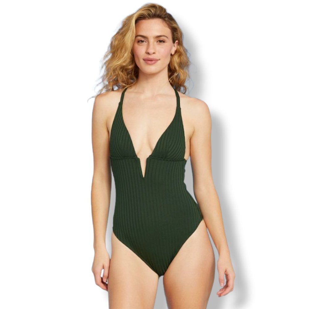 Shade and Shore Green Low-covered Ribbed V-Neck One Piece Swimsuit Size Large